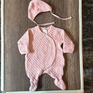 Hanna Andersson Pink Quilted Baby Bunting Footie Pilot Hat Bonnet Set 0-3M VGUC